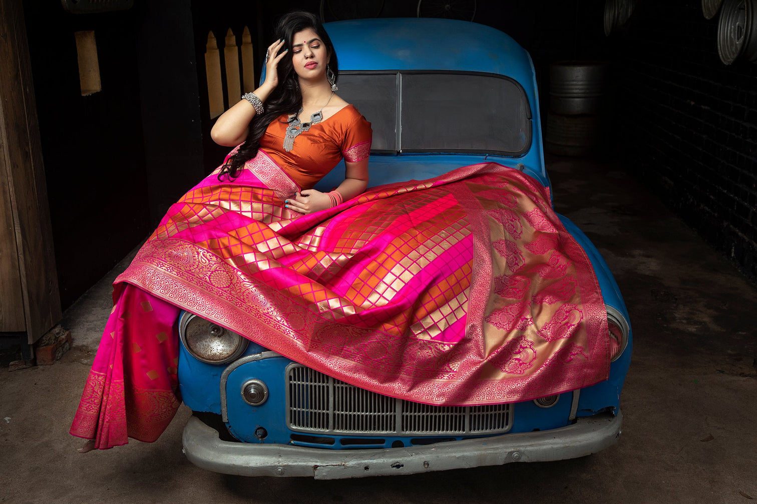 Pink-Orange Banarasi Silk Festival Wear Saree With Blouse