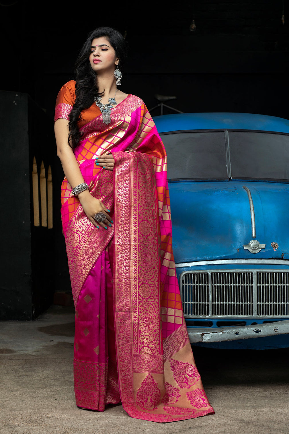 Pink-Orange Banarasi Silk Festival Wear Saree With Blouse