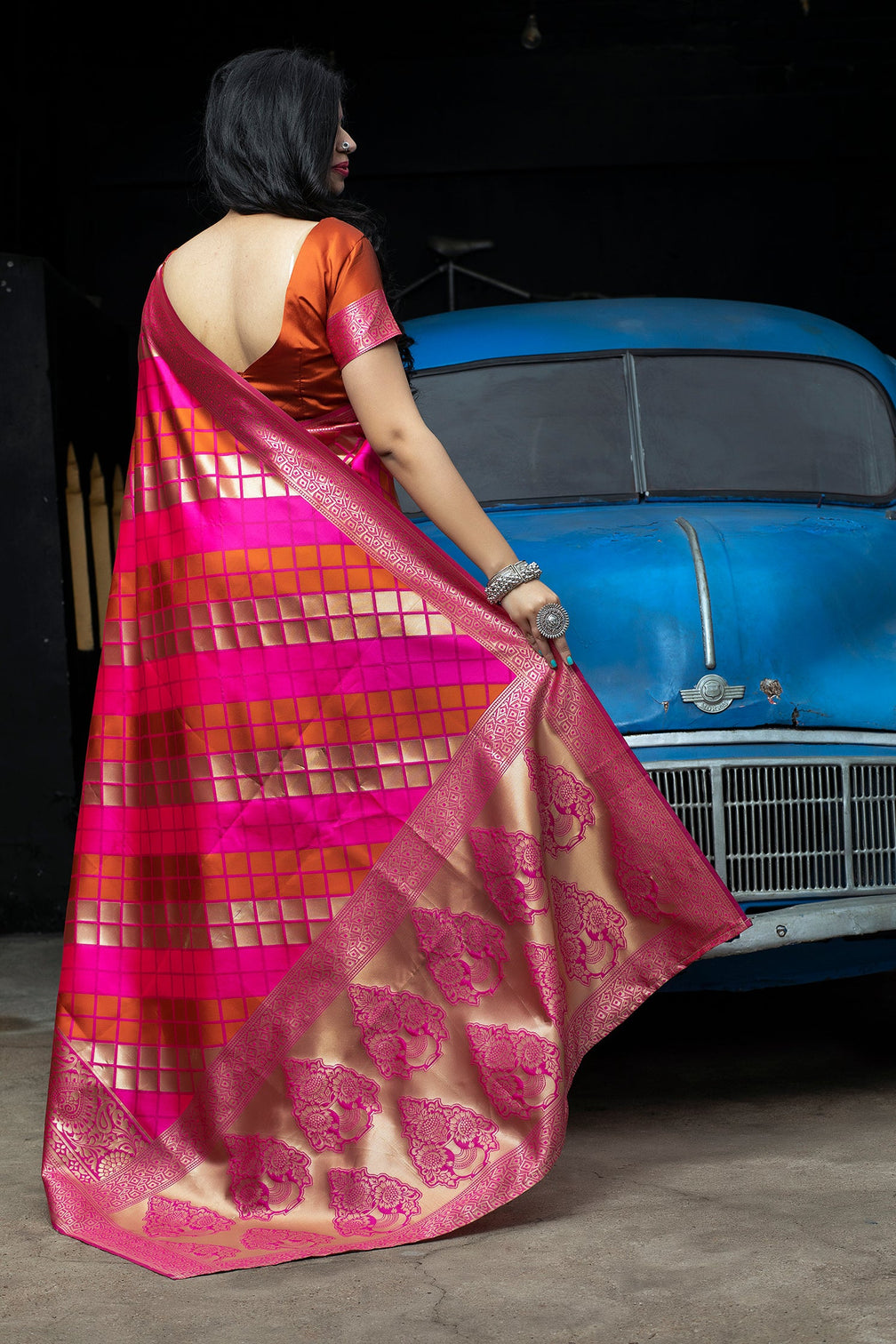 Pink-Orange Banarasi Silk Festival Wear Saree With Blouse