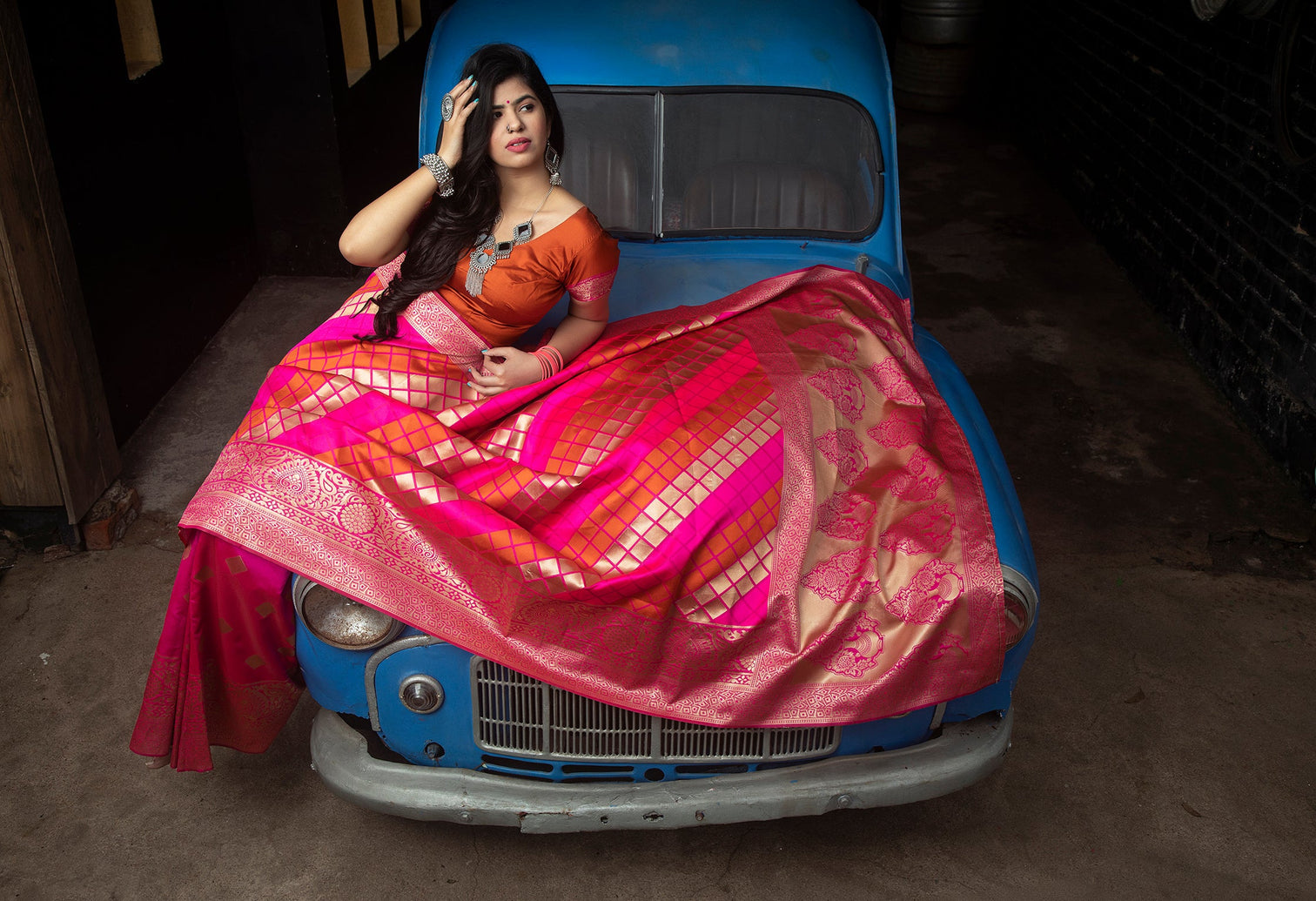 Pink-Orange Banarasi Silk Festival Wear Saree With Blouse