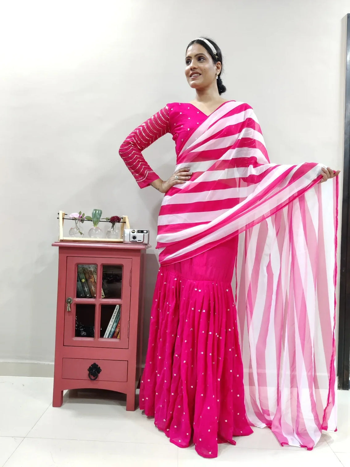 Pink Stripe Printed Lehenga Saree In Georgette