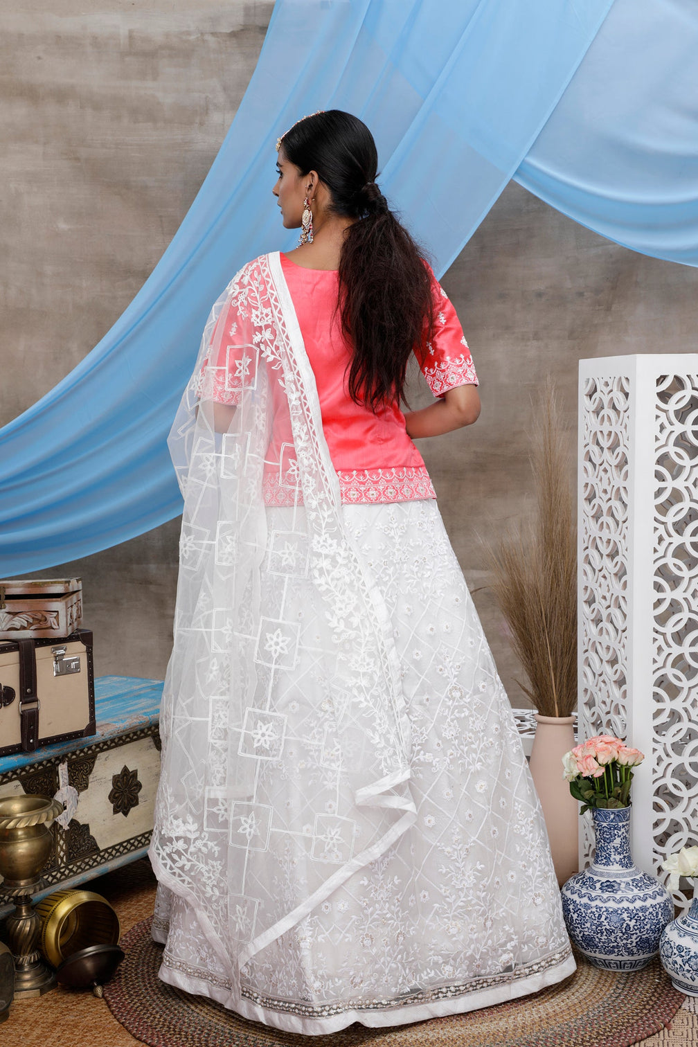 Pink And White Color Designer Wedding Lehenga With Embroidery Work On Net Fabric