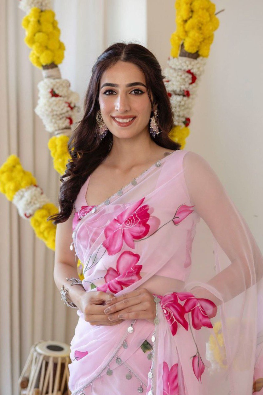 Pink blossom premium teby silk digital print lehenga saree mameraa