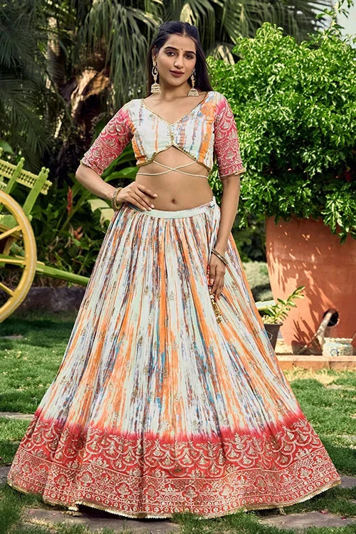 Pink Chinon Zari & Sequins Embroidered With Digital Print Work Lehenga Choli