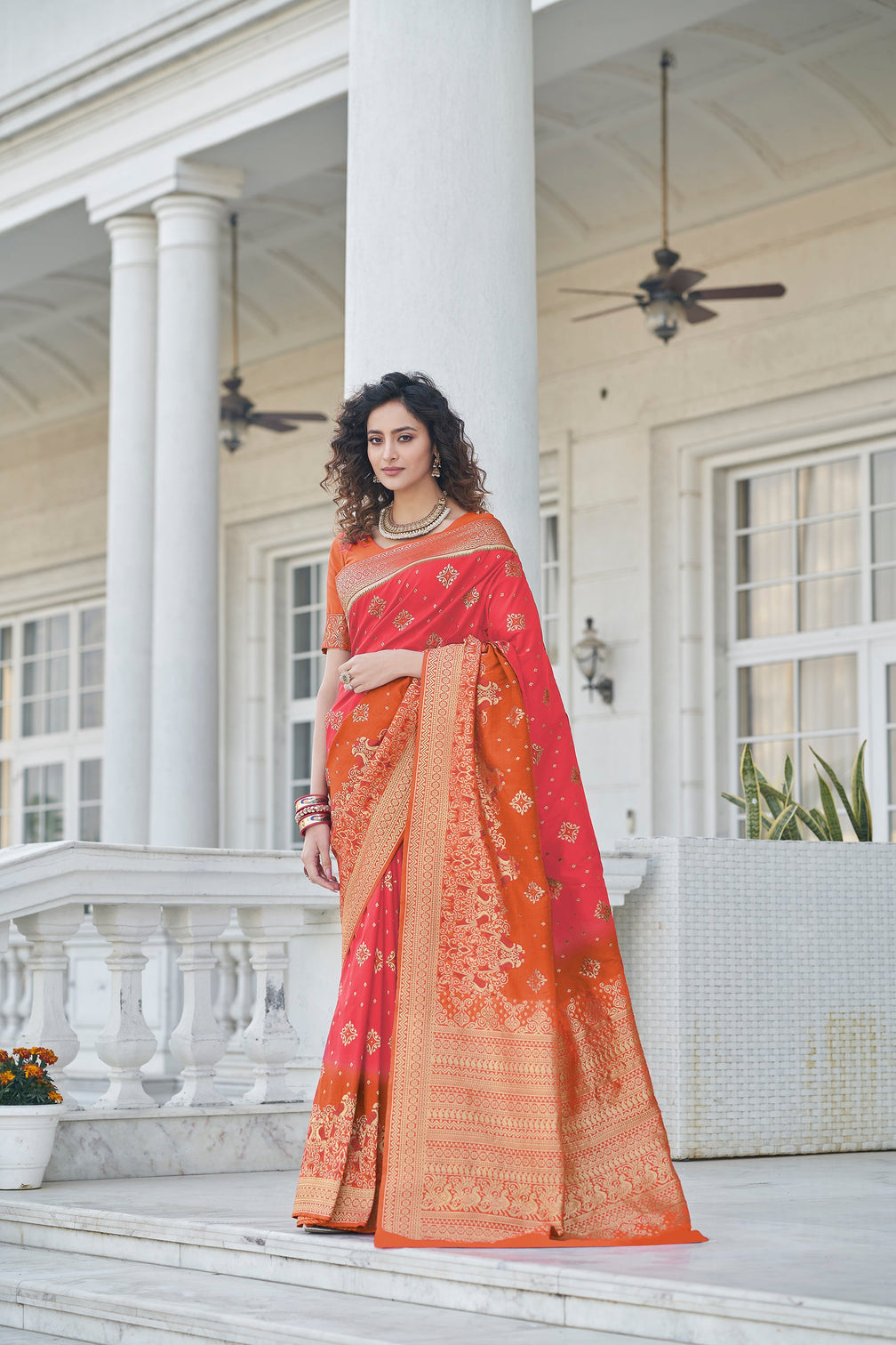 Pink Color Banarasi Silk Base Half And Half Silk Weave Saree