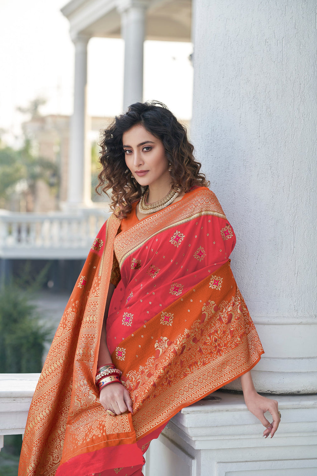 Pink Color Banarasi Silk Base Half And Half Silk Weave Saree