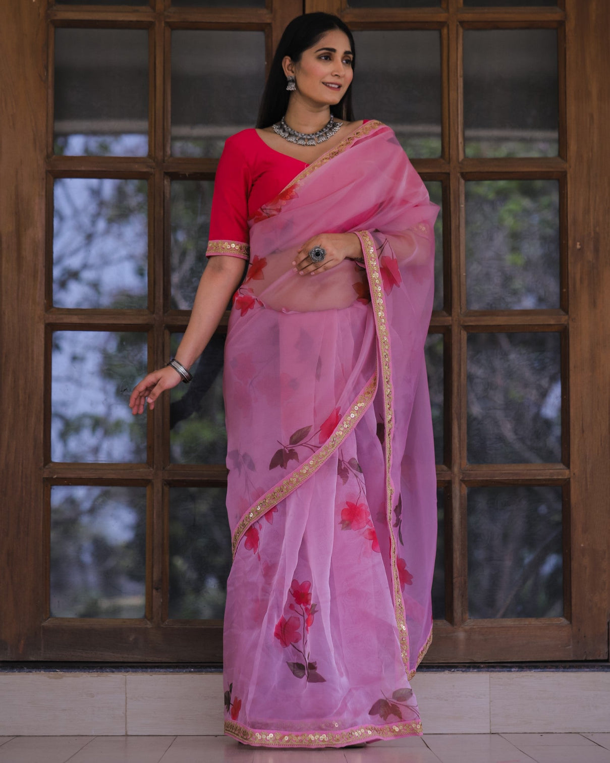 Pink Color Lace Work Flower Print Organza Saree