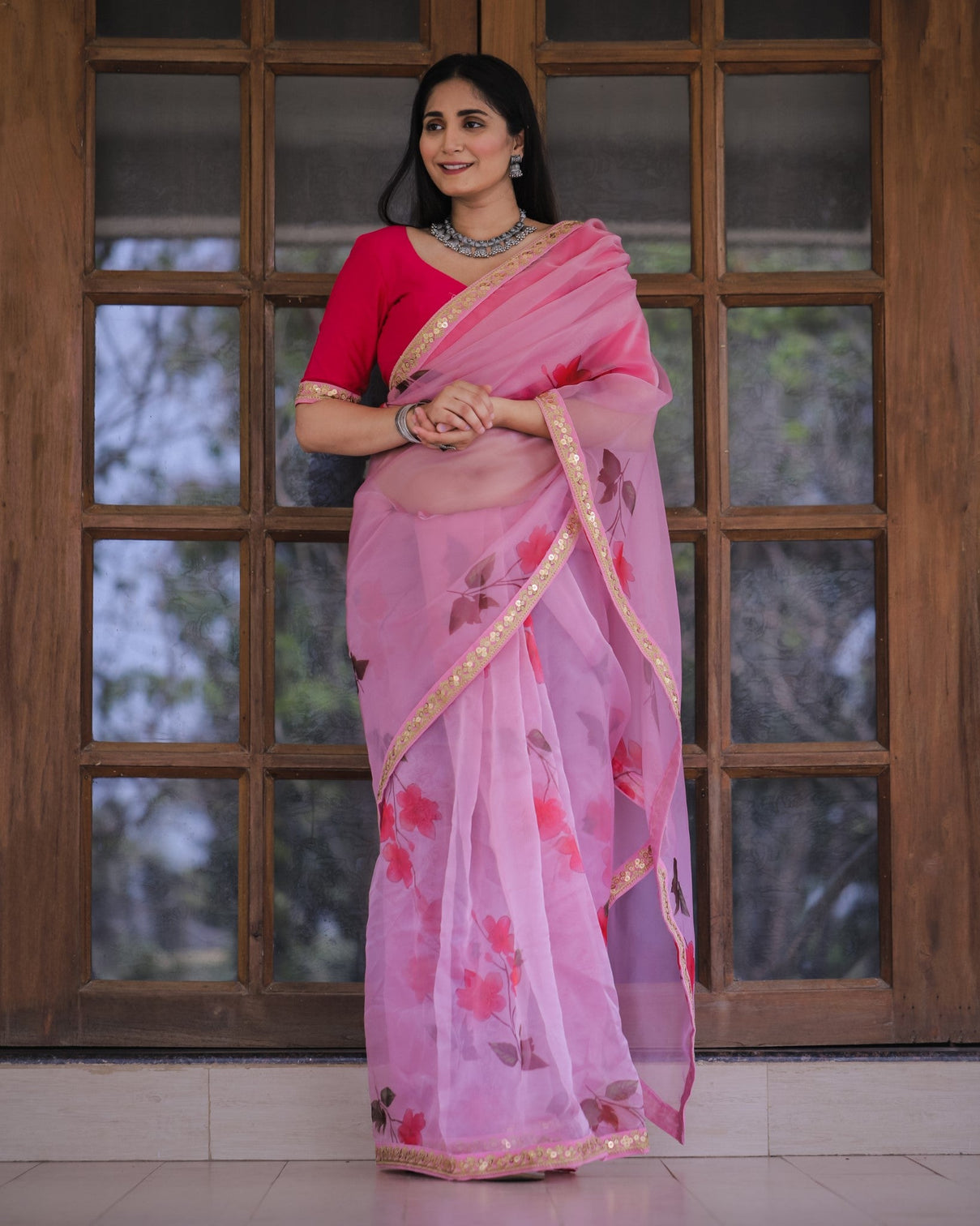 Pink Color Lace Work Flower Print Organza Saree