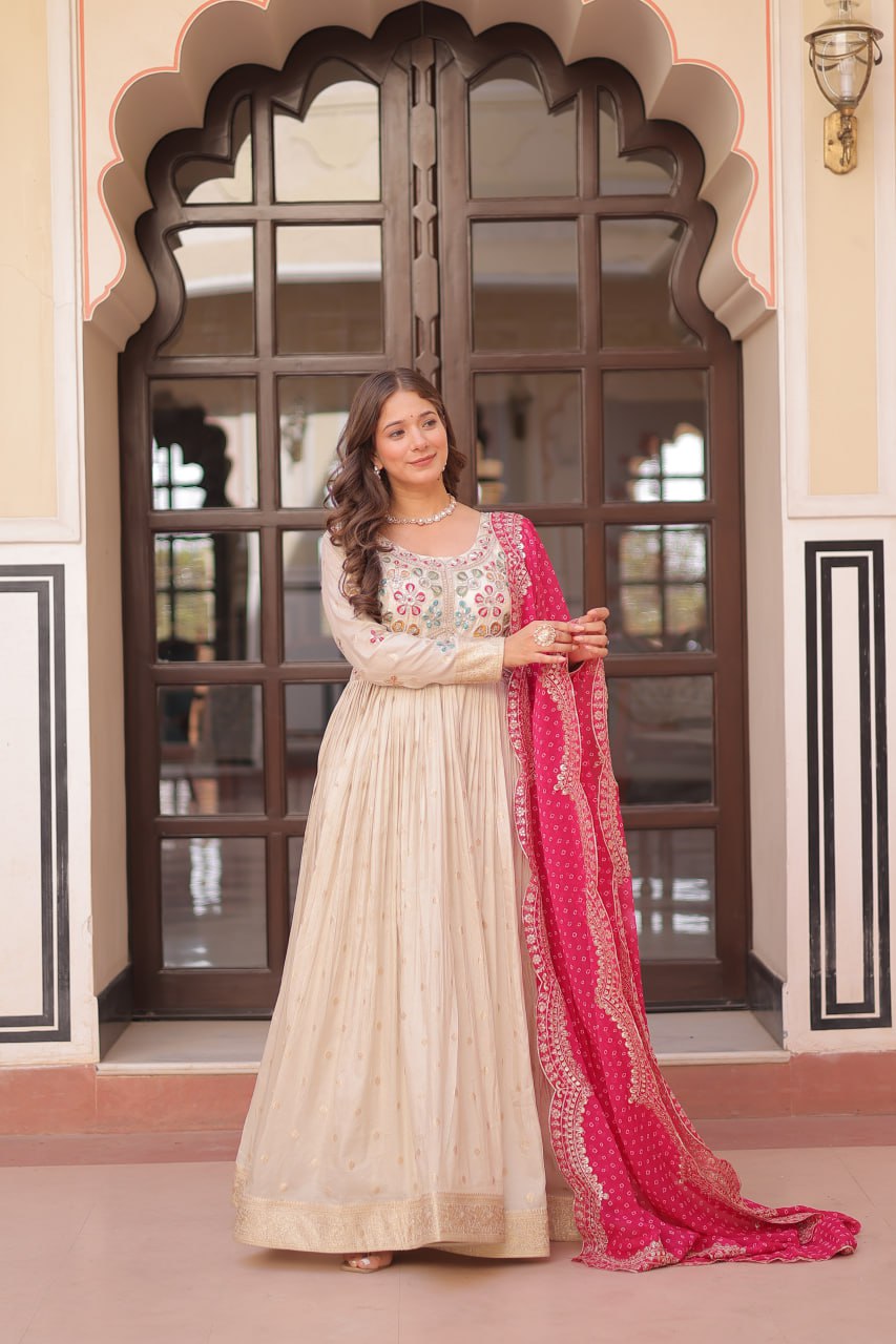 Cream Trending Cosmos Jacquard Gown with Bandhani Cut-Work Dupatta  Pearl Beads Embroidery Full-Stitched Elegance
