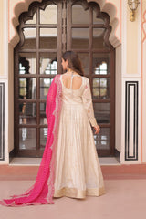Cream Trending Cosmos Jacquard Gown with Bandhani Cut-Work Dupatta  Pearl Beads Embroidery Full-Stitched Elegance