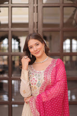 Cream Trending Cosmos Jacquard Gown with Bandhani Cut-Work Dupatta  Pearl Beads Embroidery Full-Stitched Elegance