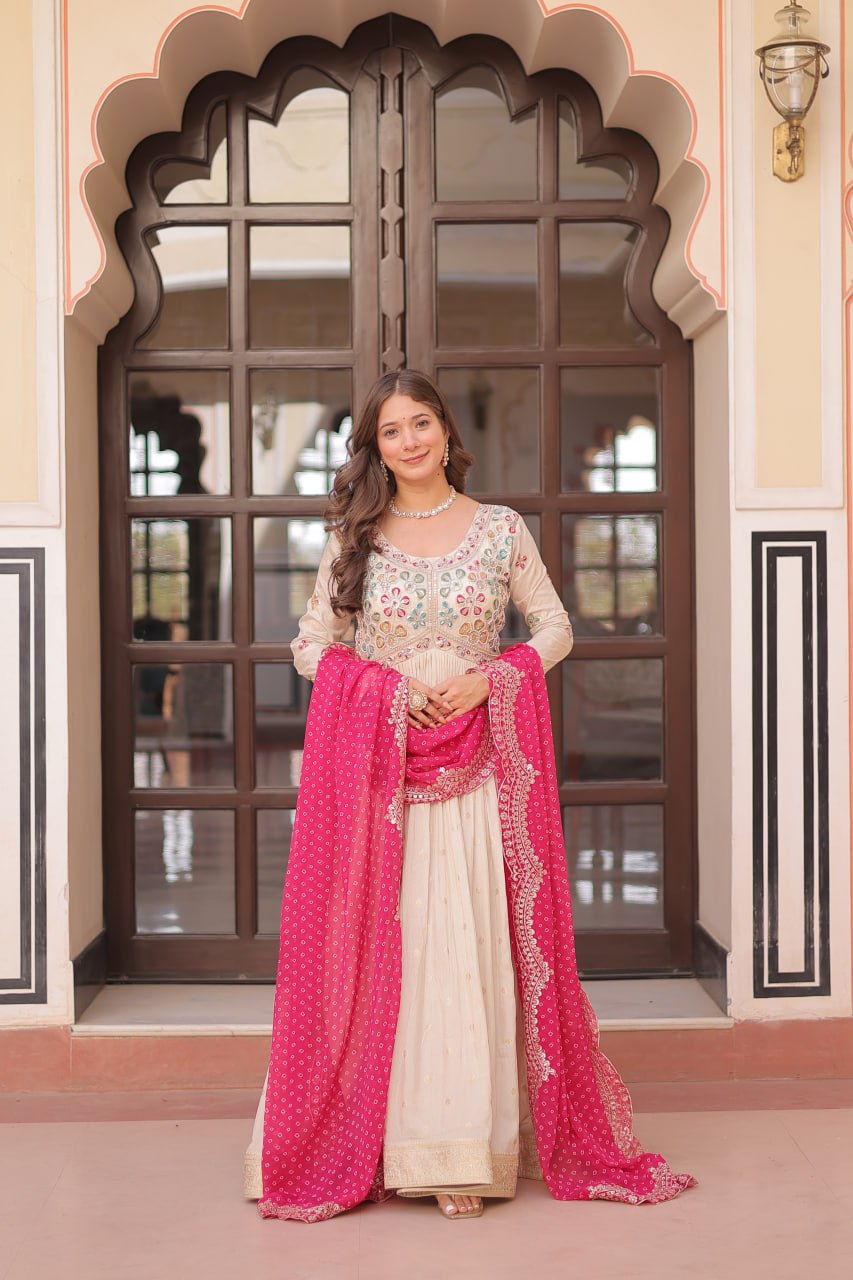 Cream Trending Cosmos Jacquard Gown with Bandhani Cut-Work Dupatta  Pearl Beads Embroidery Full-Stitched Elegance