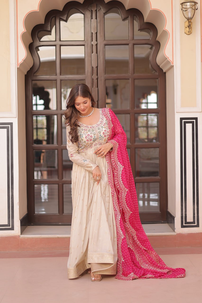 Cream Trending Cosmos Jacquard Gown with Bandhani Cut-Work Dupatta  Pearl Beads Embroidery Full-Stitched Elegance