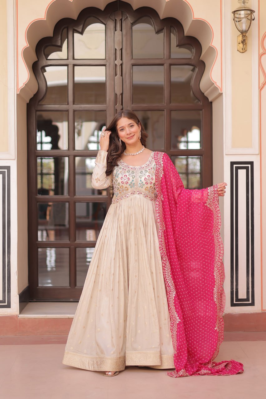 Cream Trending Cosmos Jacquard Gown with Bandhani Cut-Work Dupatta  Pearl Beads Embroidery Full-Stitched Elegance