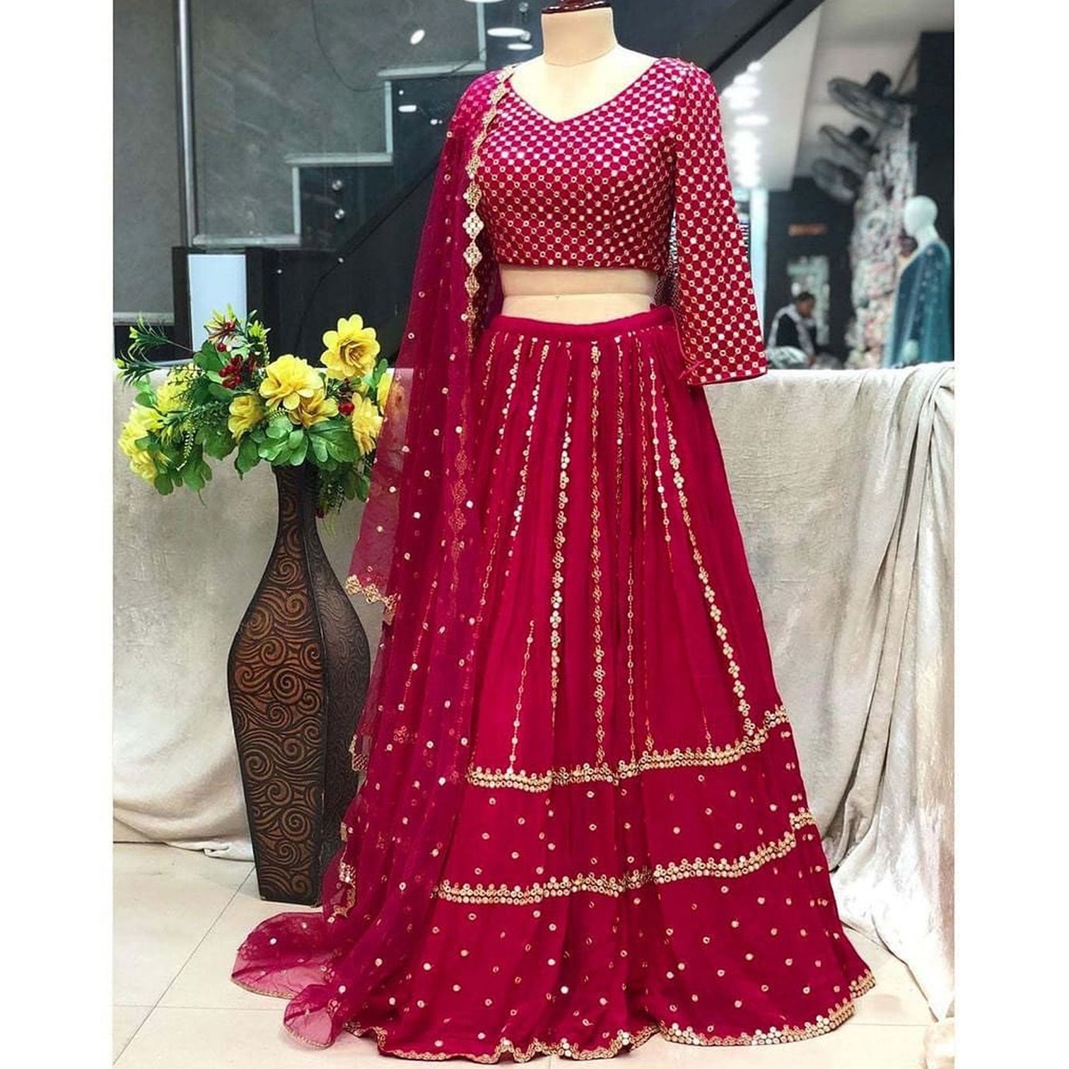 Pink Designer Lehenga Choli in Georgette with Mirror work for Wedding and Engagement