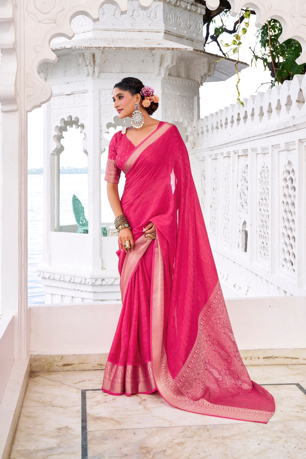Pink Elegant Chinon Saree with Self Print & Zari Weaving Work Unstitched Blouse Included