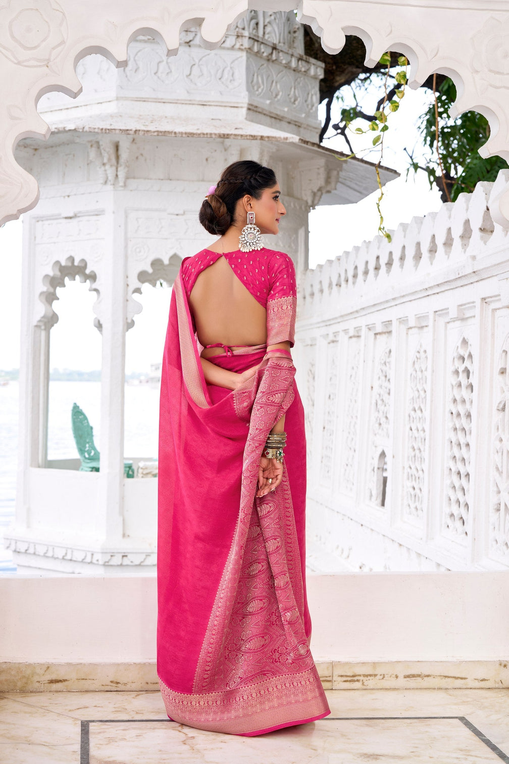 Pink Elegant Chinon Saree with Self Print & Zari Weaving Work Unstitched Blouse Included