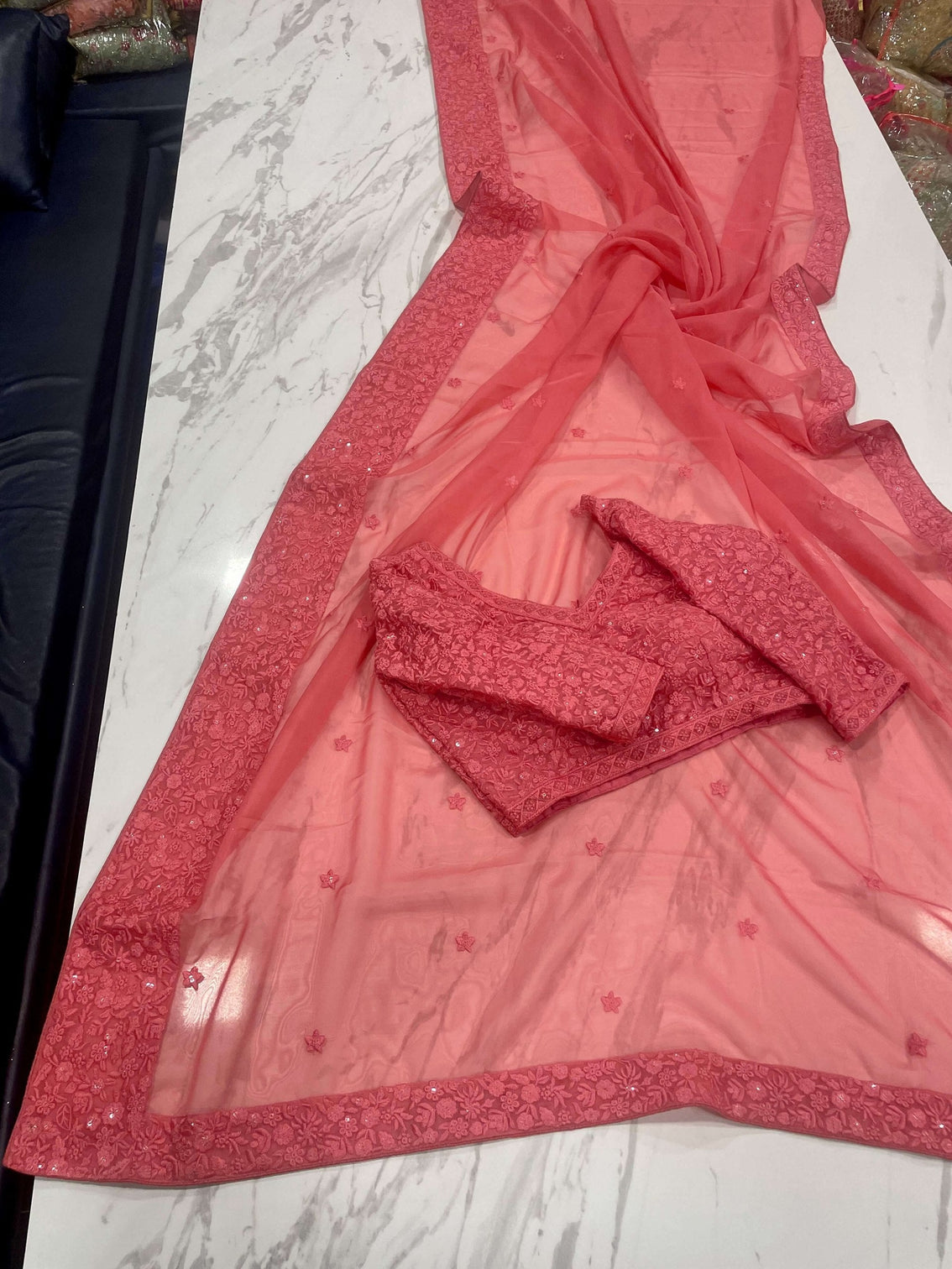Pink Elegant Georgette Embroidered Saree with Sequins Work – Unstitched Blouse Included