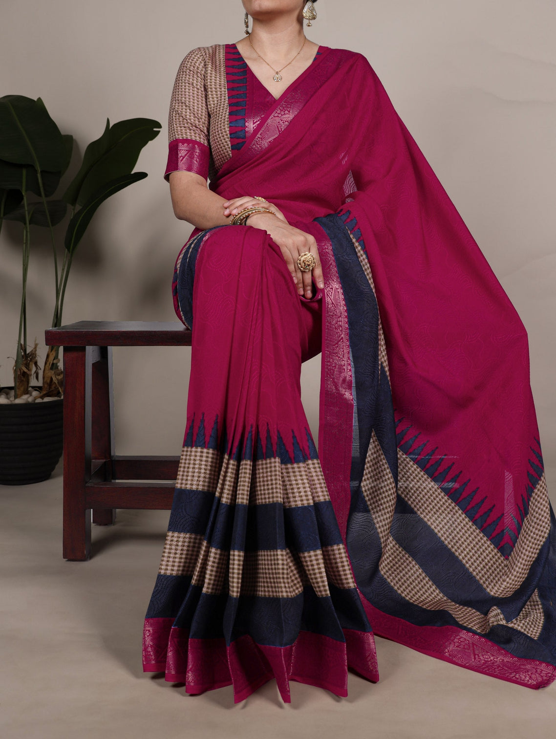 Pink Elegant Poly Cotton Saree with Printed & Zari Weaving Work