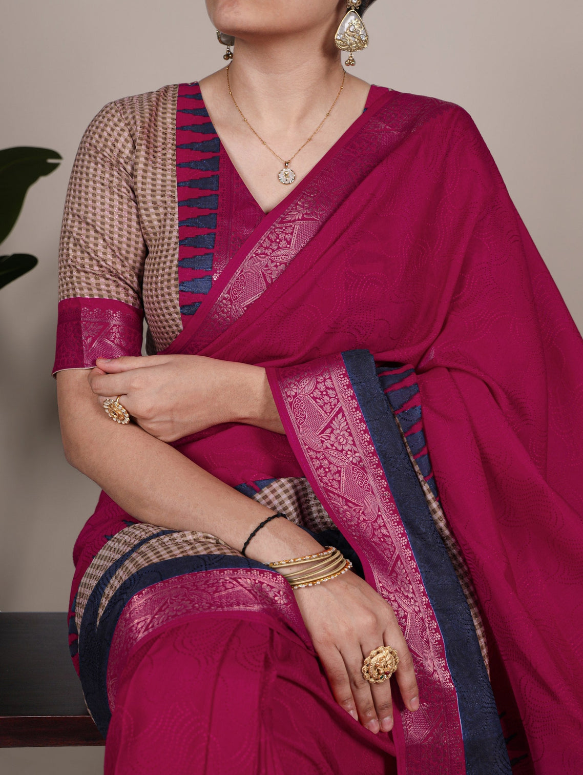 Pink Elegant Poly Cotton Saree with Printed & Zari Weaving Work