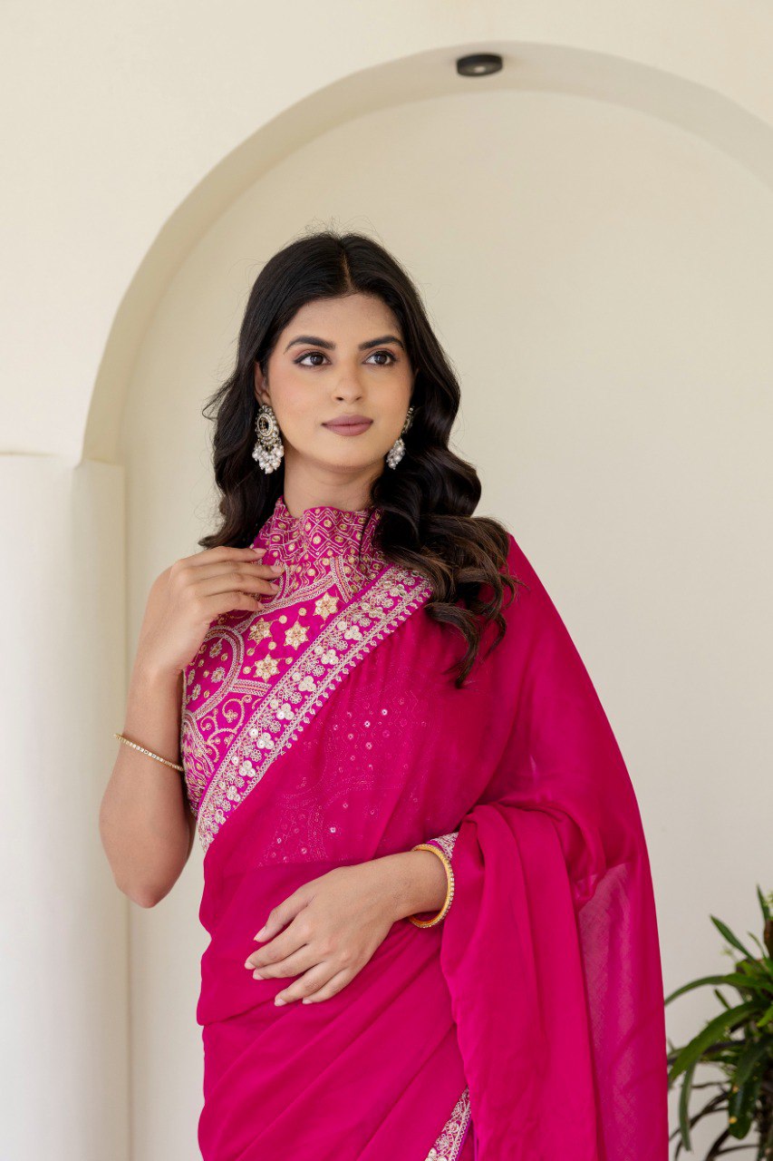 Pink Elegant Rangoli Silk Saree with Cording Embroidery & Double Sequins Work