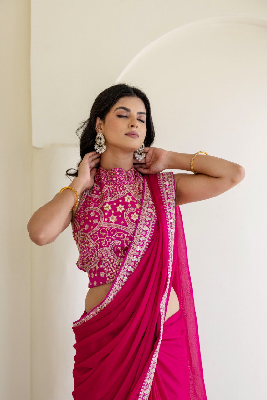 Pink Elegant Rangoli Silk Saree with Cording Embroidery & Double Sequins Work