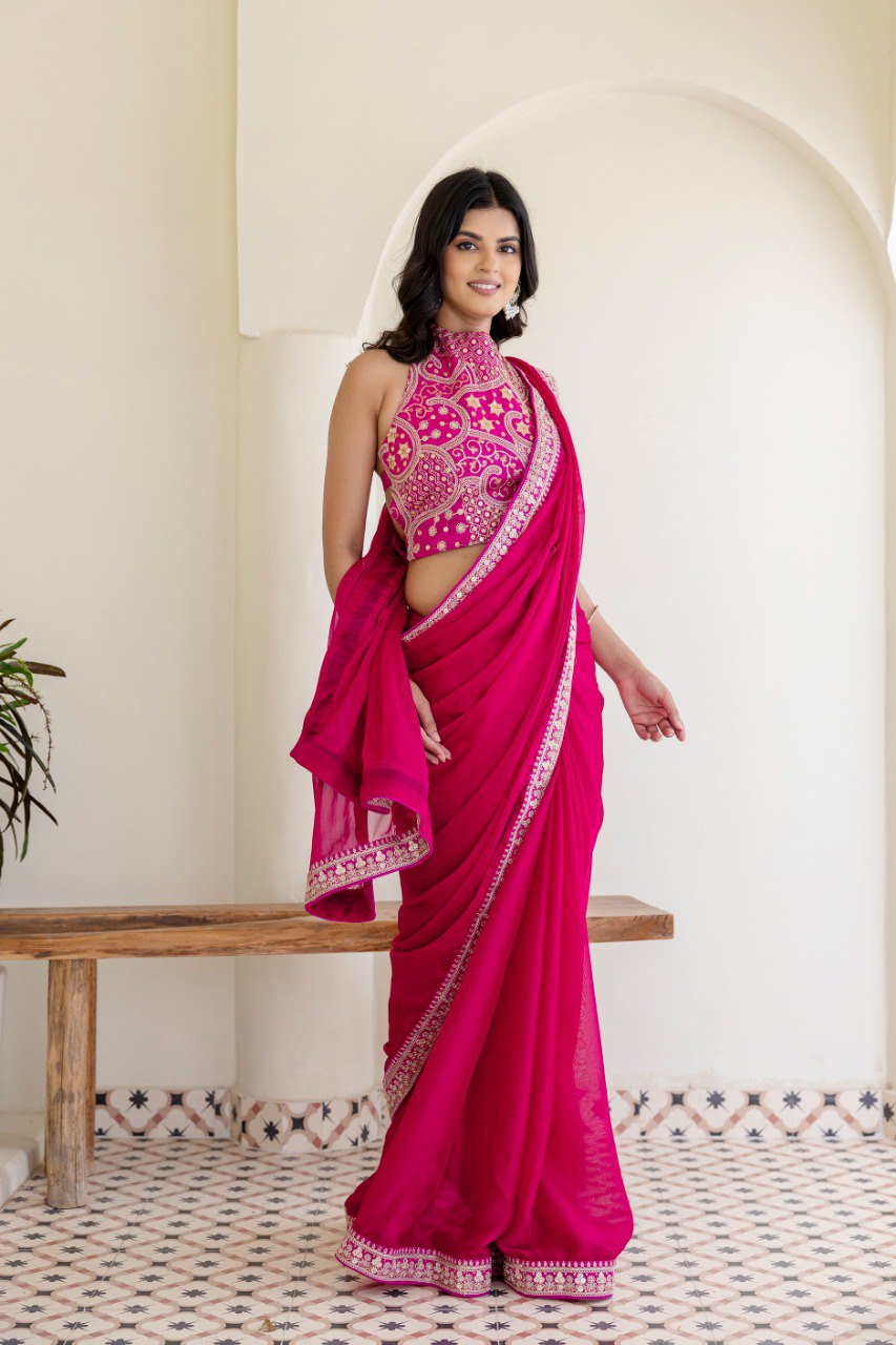 Pink Elegant Rangoli Silk Saree with Cording Embroidery & Double Sequins Work