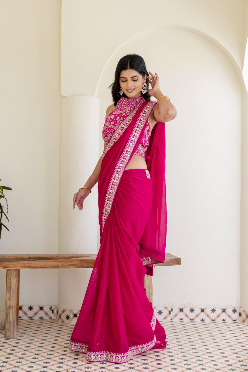 Pink Elegant Rangoli Silk Saree with Cording Embroidery & Double Sequins Work