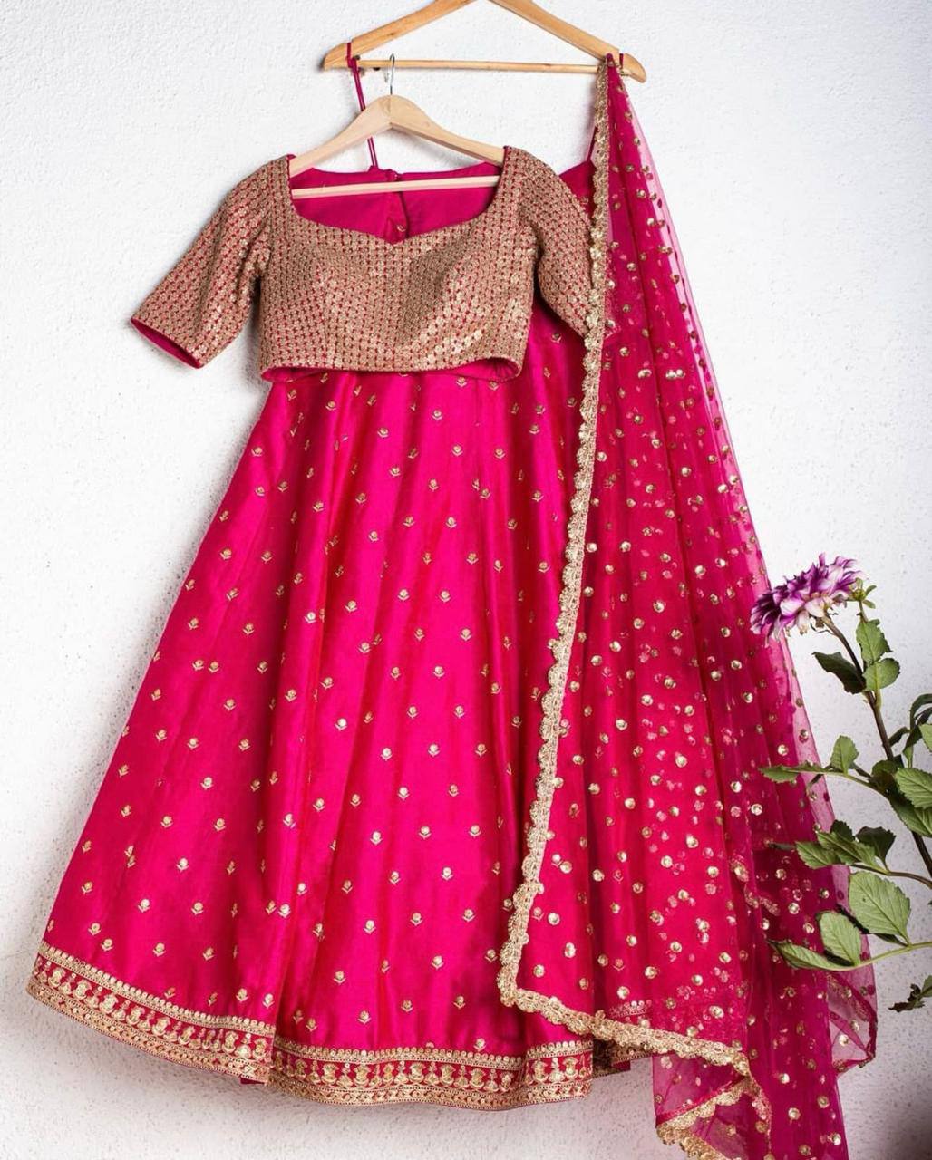Pink Elegant Tapeta Silk Lehenga Set with Sequins & Zari Embroidery