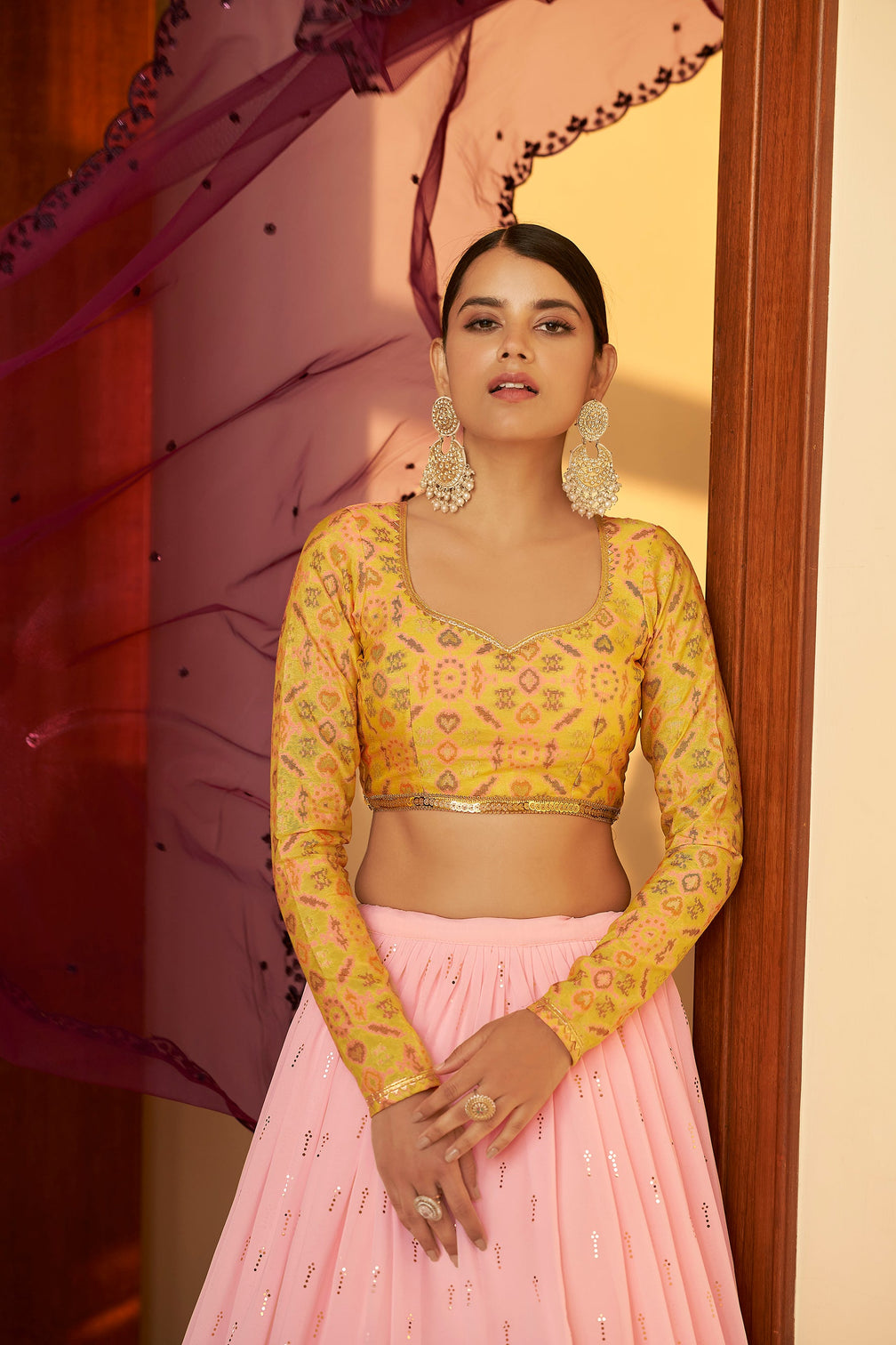 Pink Embellished Mukaish Work Georgette Semi Stitched Lehenga