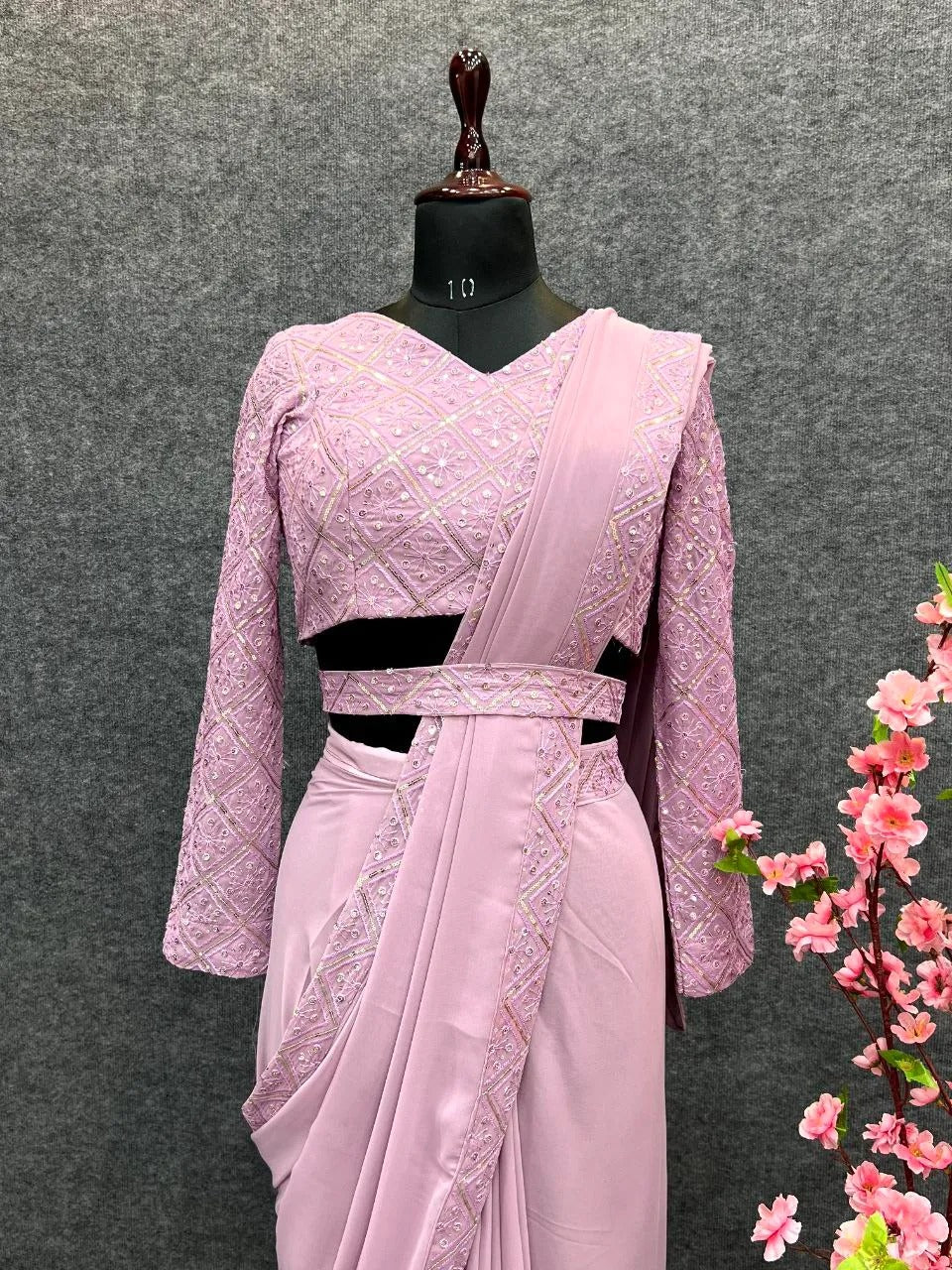 Pink Faux Georgette Border Lace Work Saree With Stitched Blouse