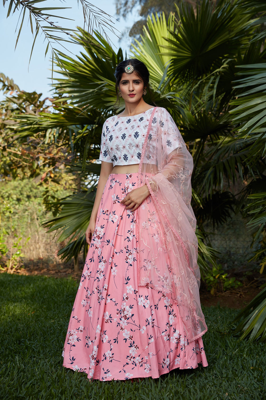 Pink Floral Crepe Party Wear Lehenga Choli With Dupatta