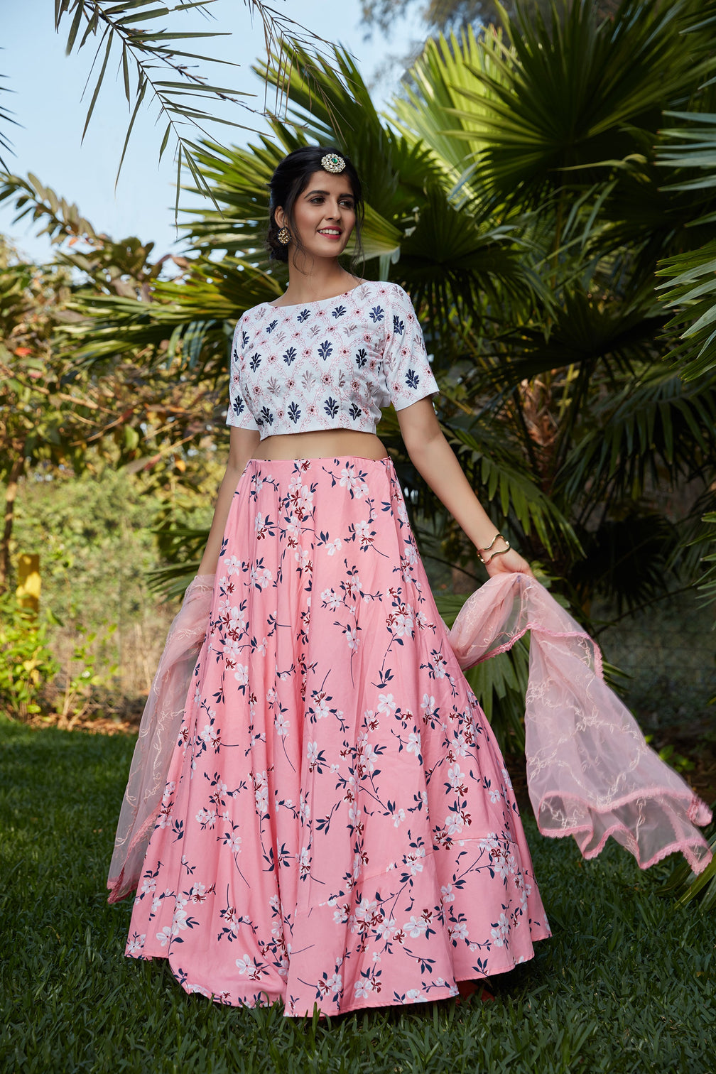 Pink Floral Crepe Party Wear Lehenga Choli With Dupatta