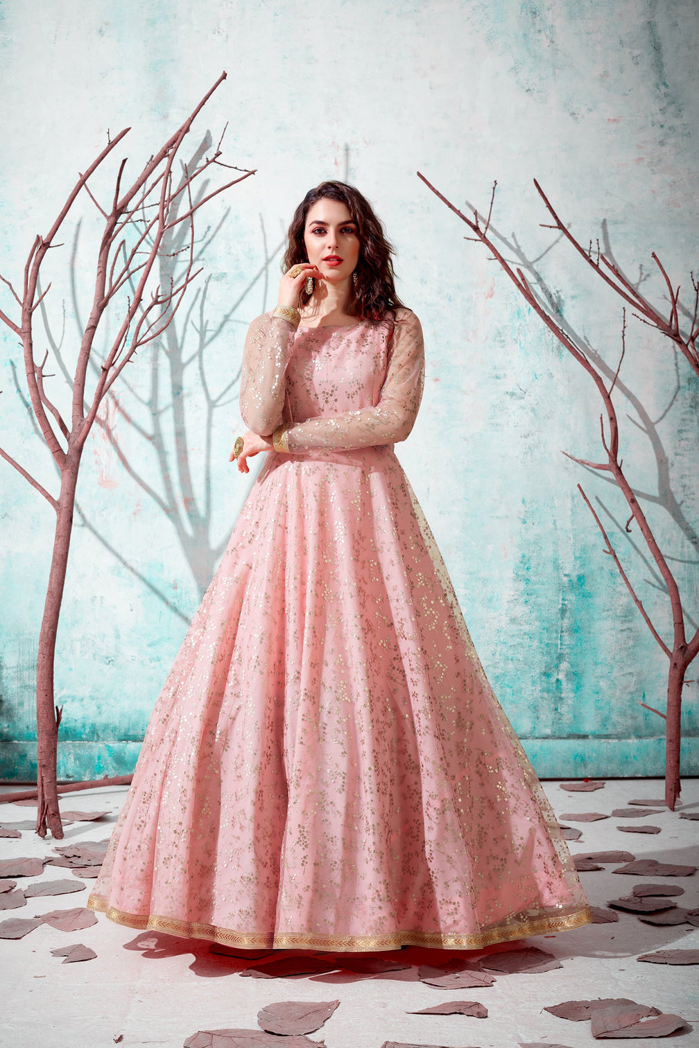Pink Foil Work Net Party Wear Long Gown