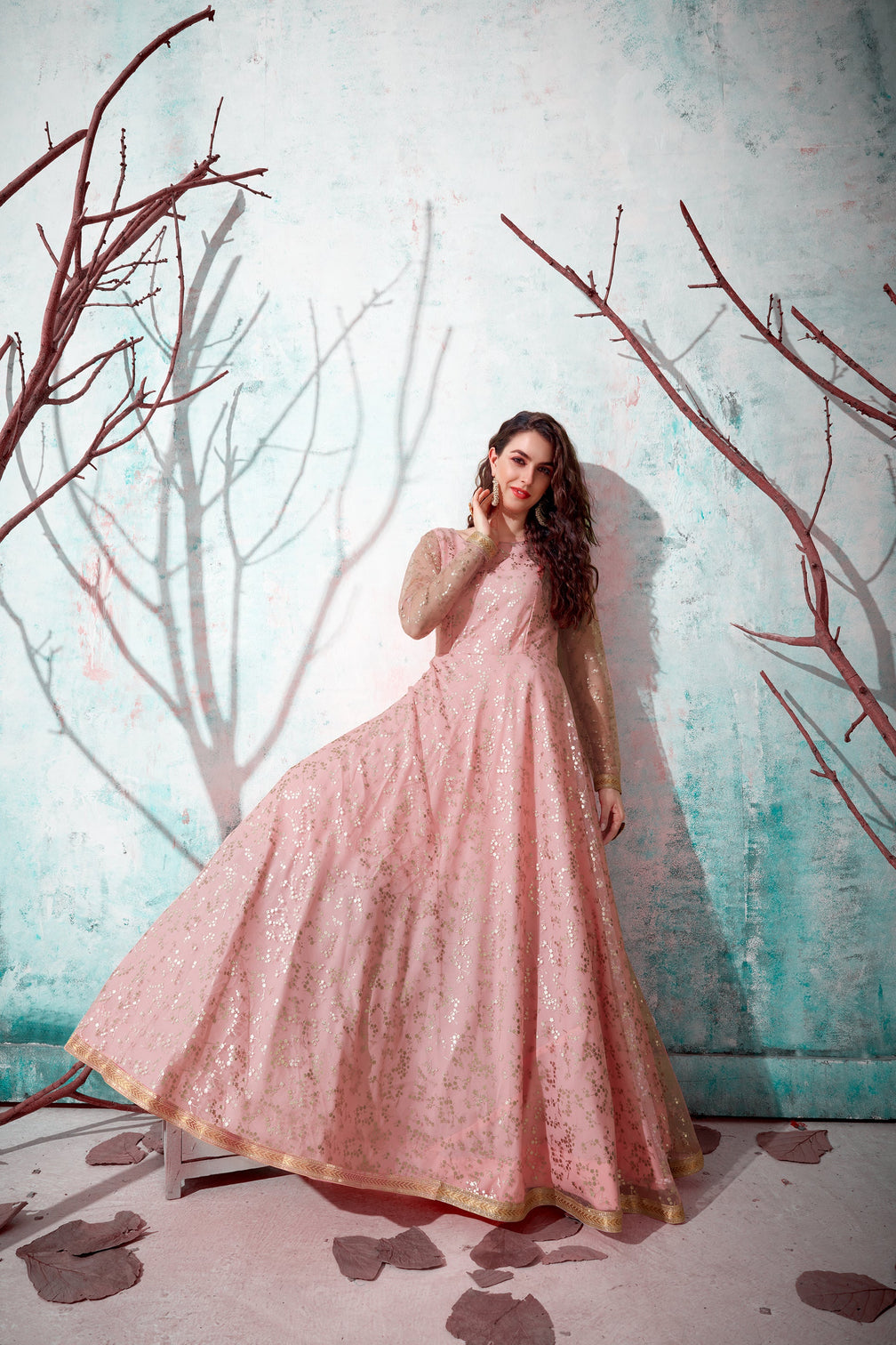Pink Foil Work Net Party Wear Long Gown