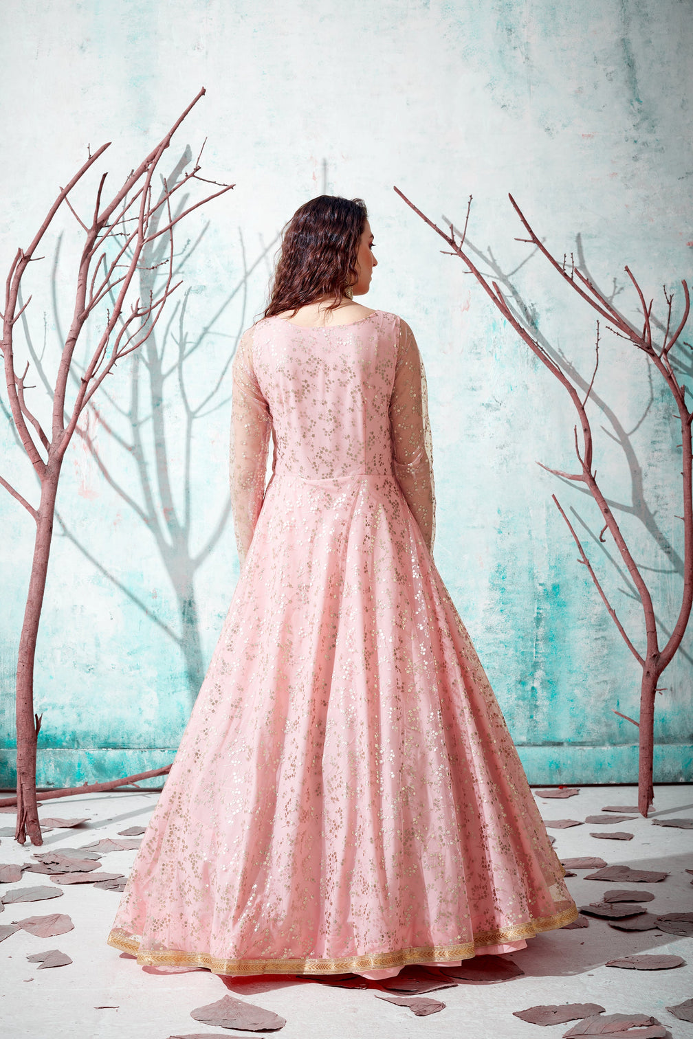 Pink Foil Work Net Party Wear Long Gown