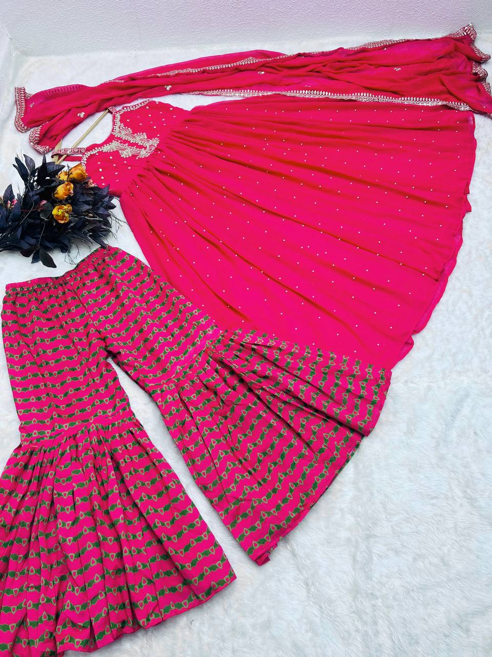 Pink Gown Palazzo Set in Faux Georgette with Embroidery Sequence Work