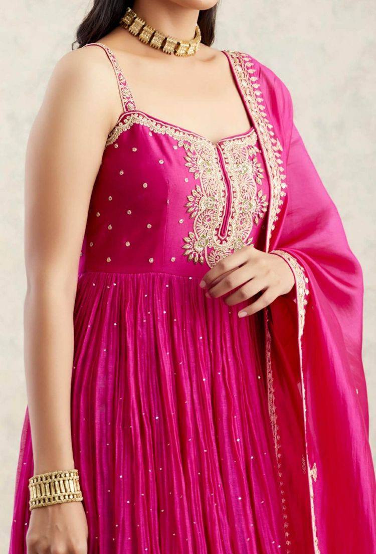 Pink Gown Palazzo Set in Faux Georgette with Embroidery Sequence Work