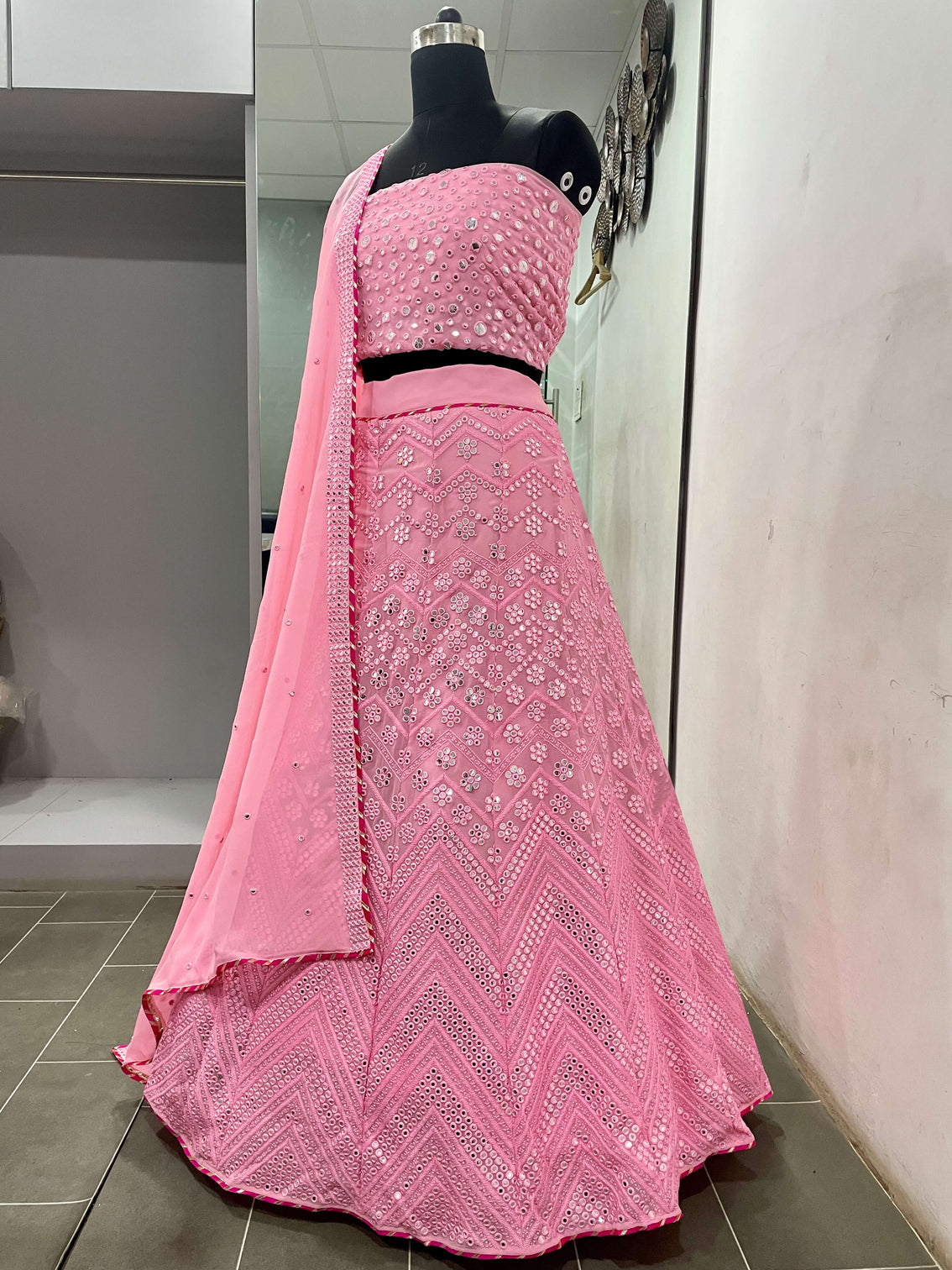 Pink Lehenga Choli in Georgette With Sequence and Mirror Work