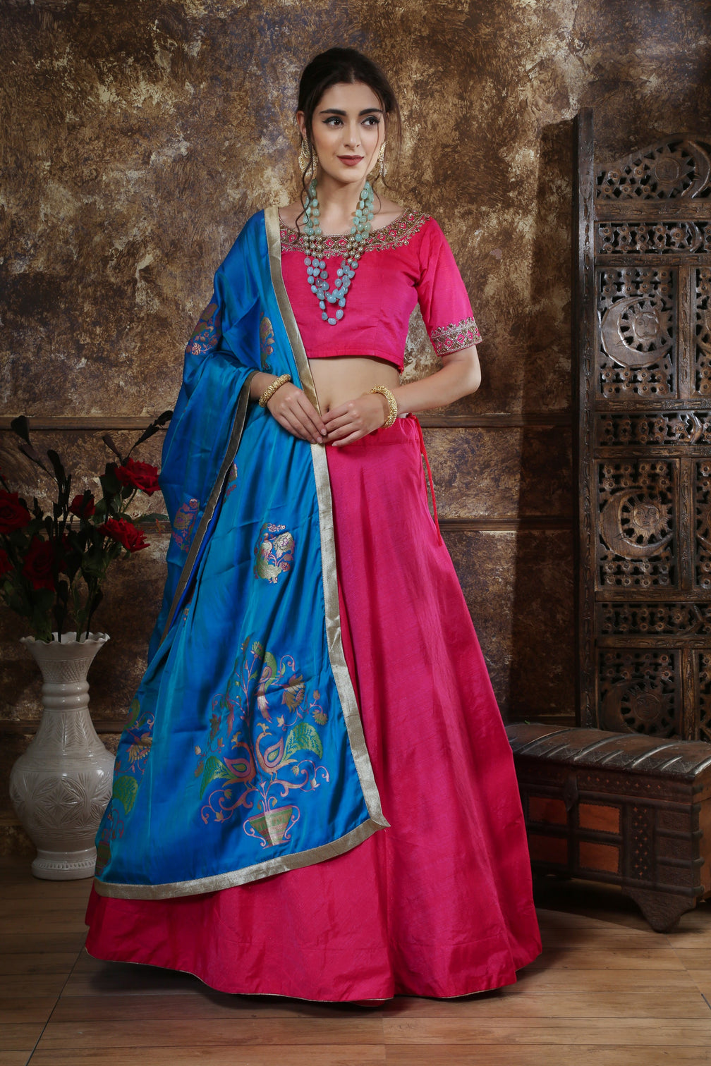Pink Moti Stone Foil Print Silk Lehenga Choli