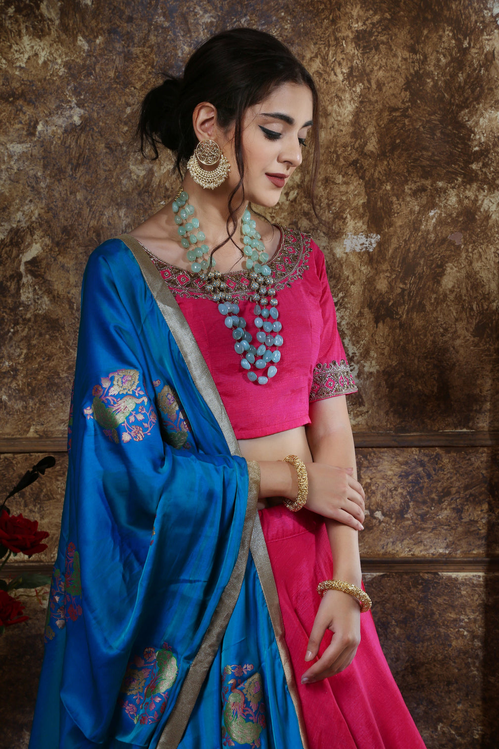 Pink Moti Stone Foil Print Silk Lehenga Choli