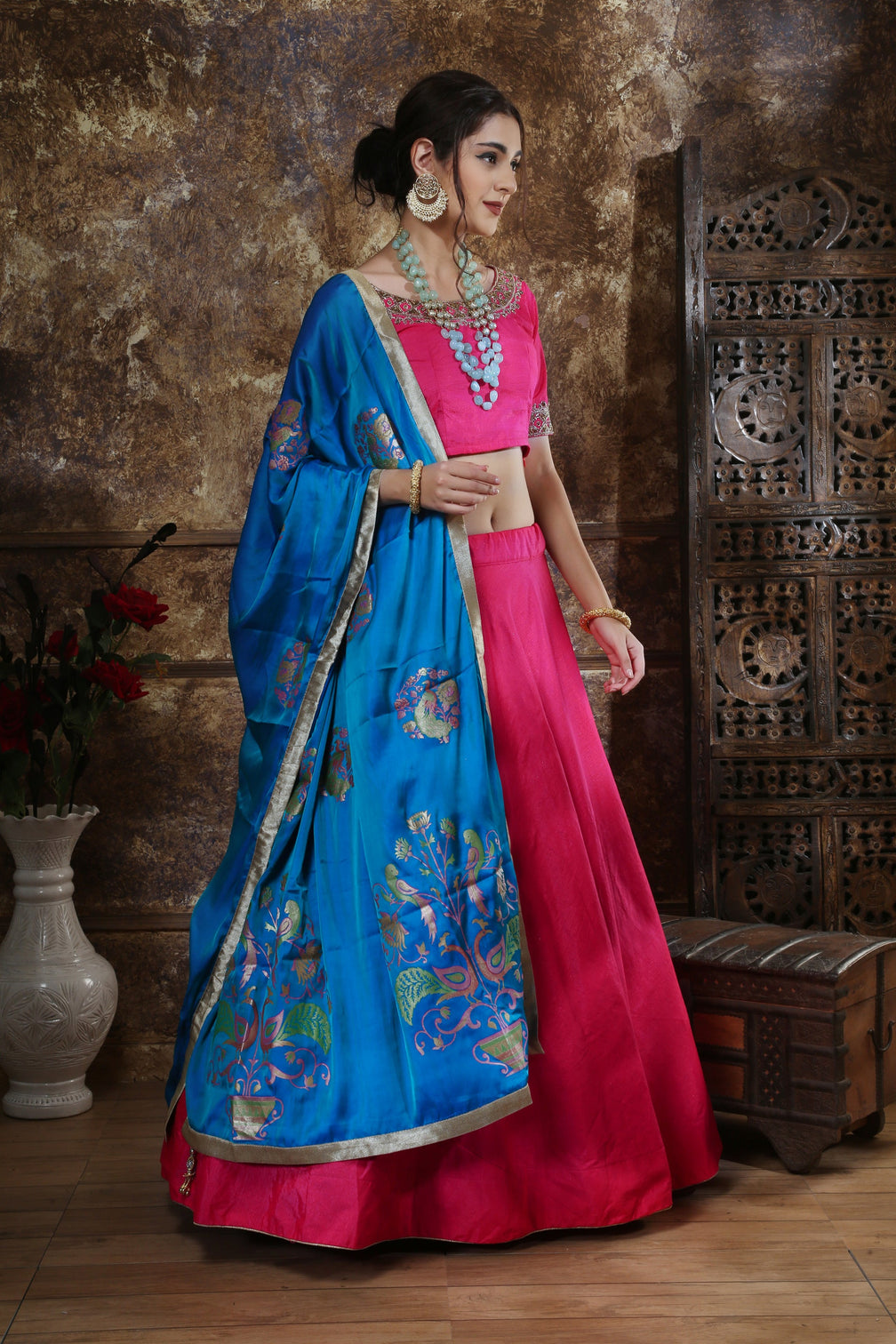Pink Moti Stone Foil Print Silk Lehenga Choli