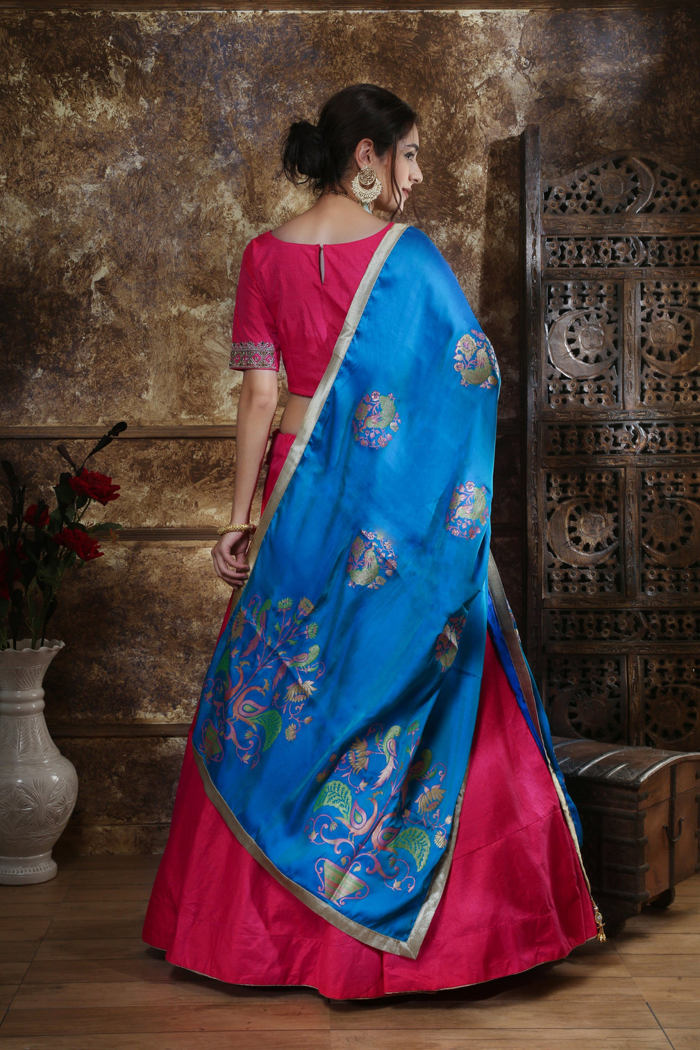 Pink Moti Stone Foil Print Silk Lehenga Choli