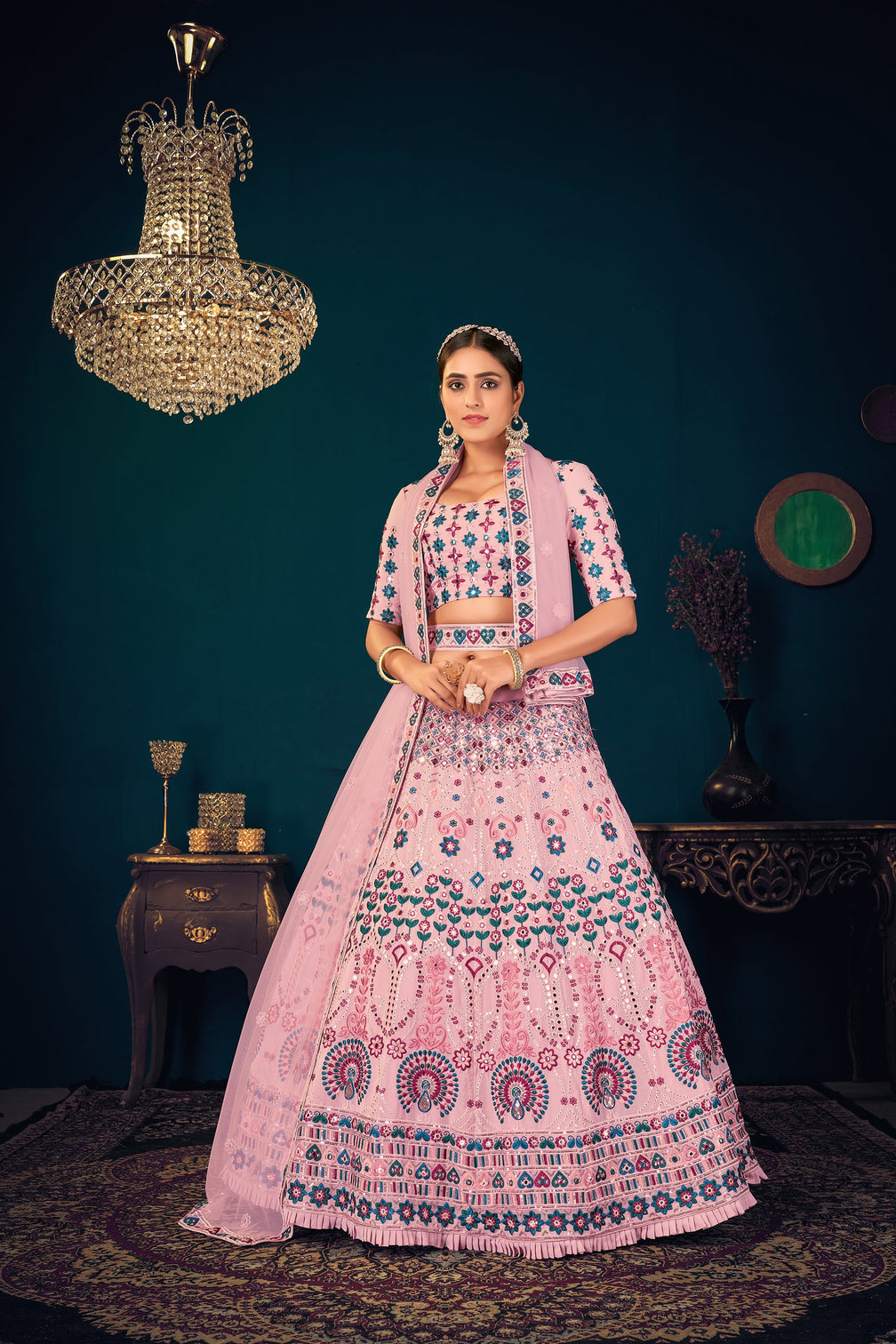 Pink Multi-Thread, Sequins, And Gota Patti Embroidered Georgette Semi Stitched Wedding And Party Lehenga