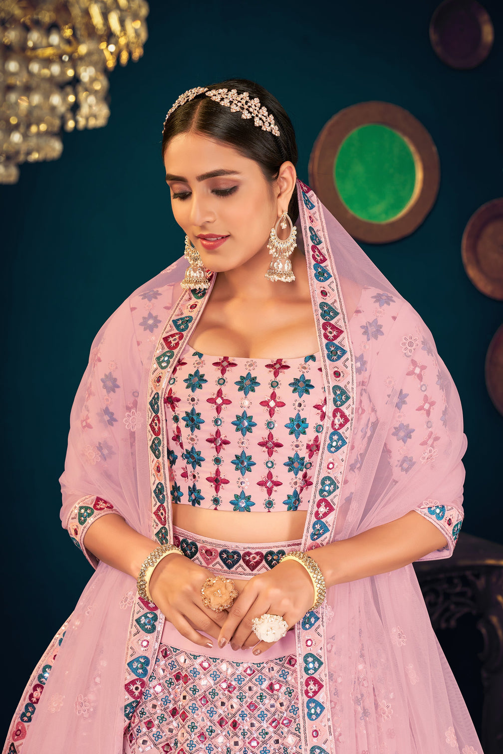 Pink Multi-Thread, Sequins, And Gota Patti Embroidered Georgette Semi Stitched Wedding And Party Lehenga