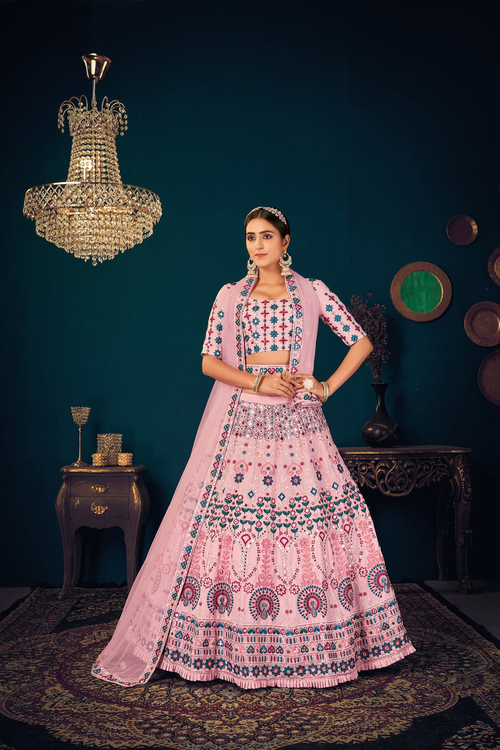 Pink Multi-Thread, Sequins, And Gota Patti Embroidered Georgette Semi Stitched Wedding And Party Lehenga