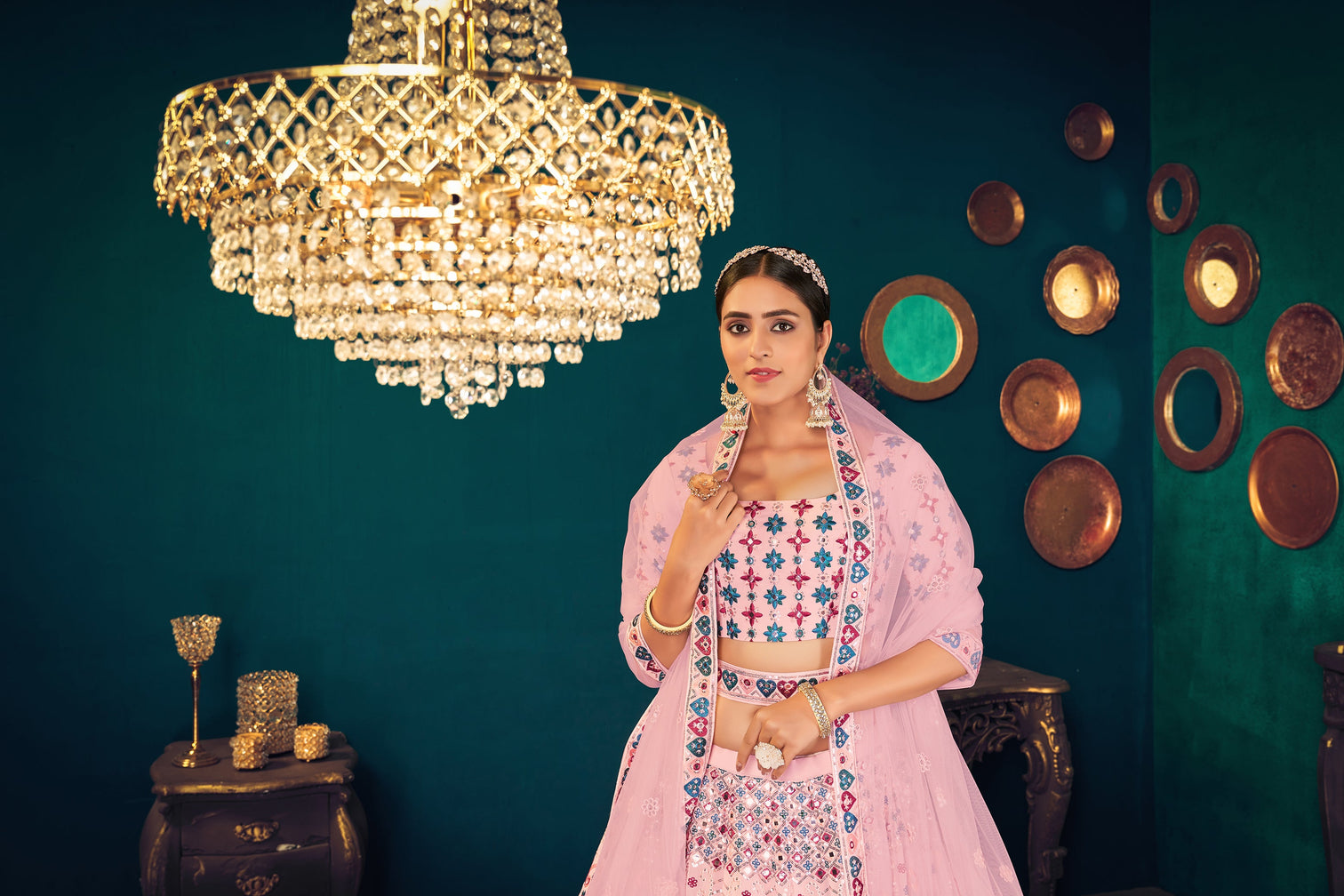 Pink Multi-Thread, Sequins, And Gota Patti Embroidered Georgette Semi Stitched Wedding And Party Lehenga