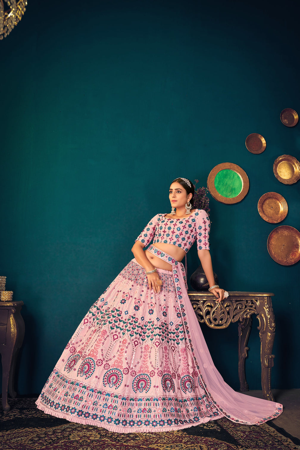 Pink Multi-Thread, Sequins, And Gota Patti Embroidered Georgette Semi Stitched Wedding And Party Lehenga