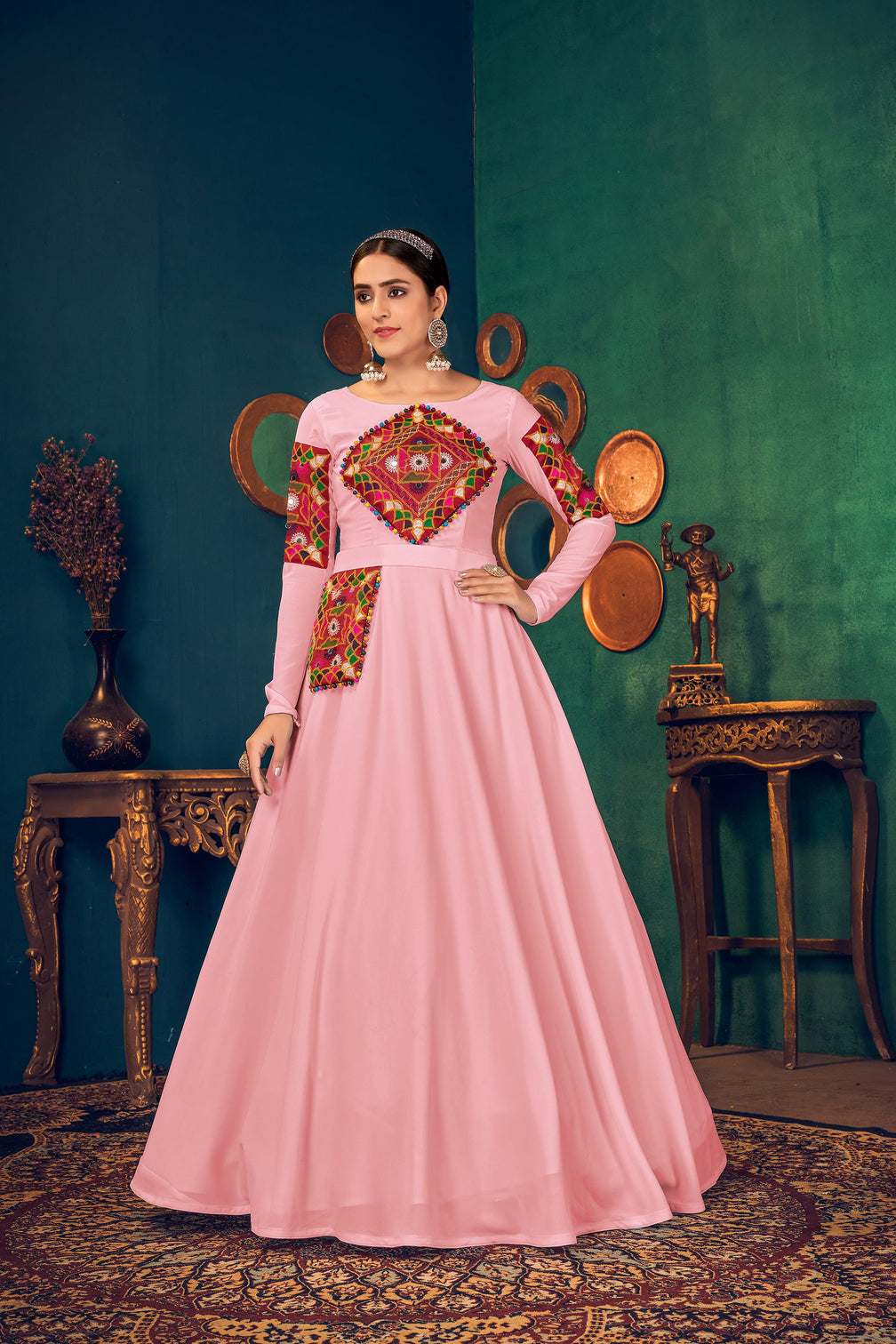 Pink Multi Resham Work Georgette Salwar Semi Stitched