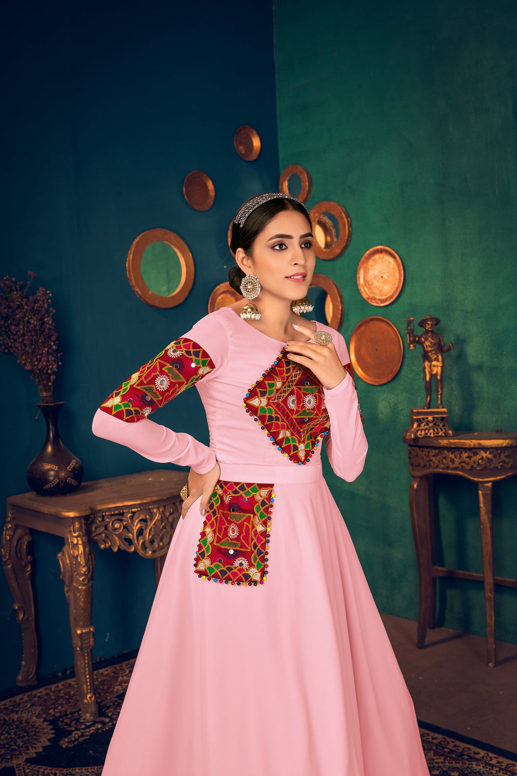 Pink Multi Resham Work Georgette Salwar Semi Stitched
